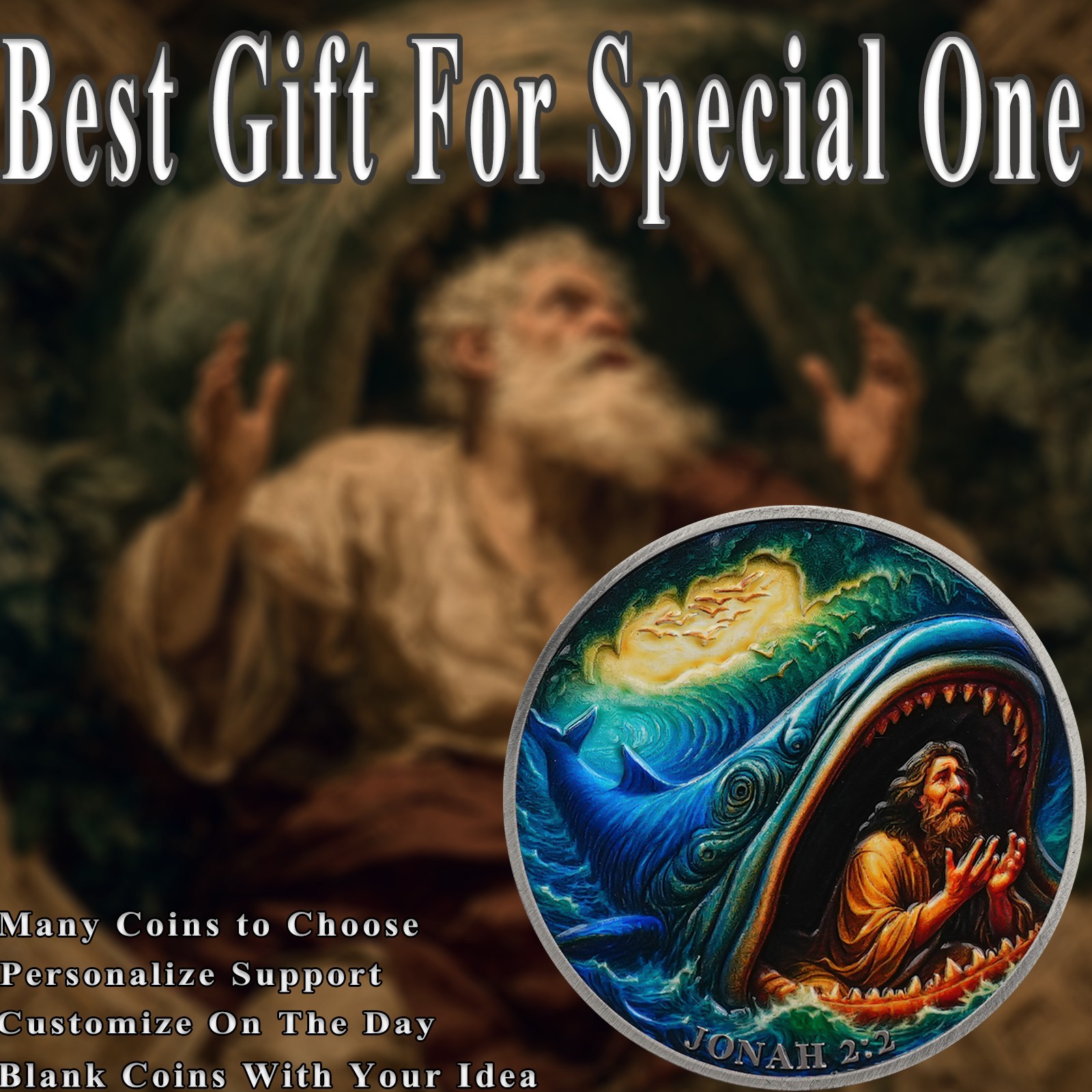 5pcs Jonah & Whale Challenge Coin Jonah 2:2 Verse Christian Religious Faith Gift