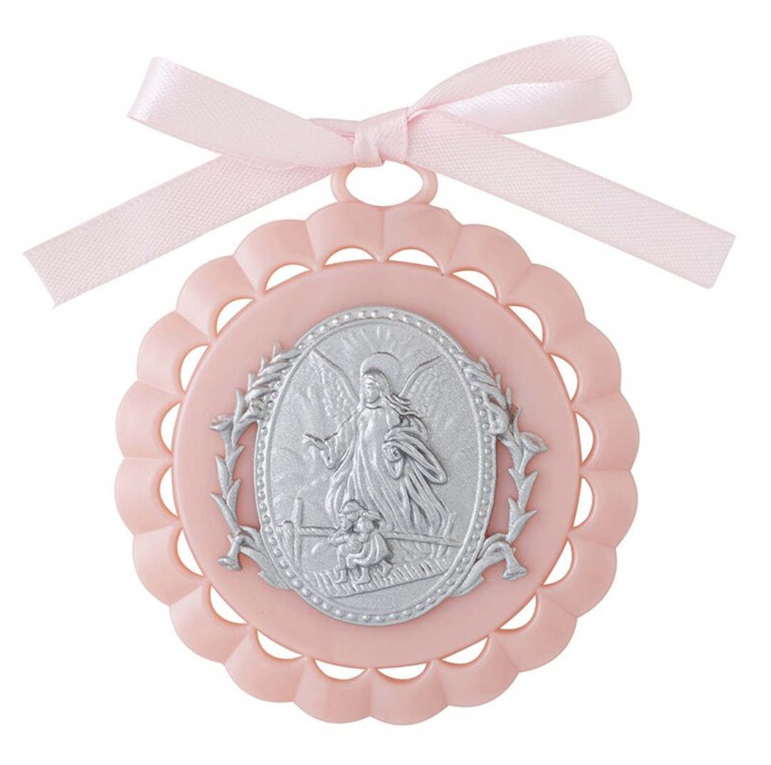 Girl’s Baptism Gift Pink Guardian Angel Crib Medal & Pink Wooden Rosary Catholic