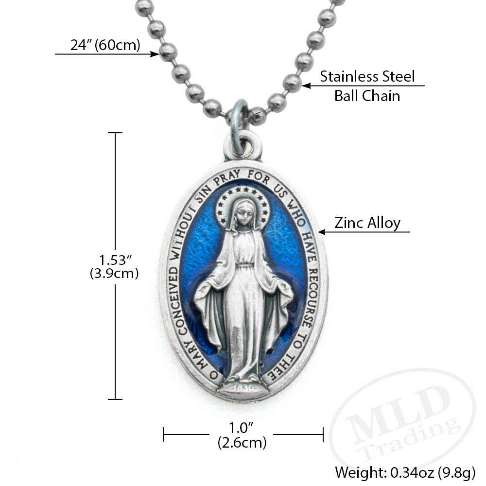 Miraculous Medal Necklace Catholic Virgin Mary 1.5″ Blue Pendant Made In Italy