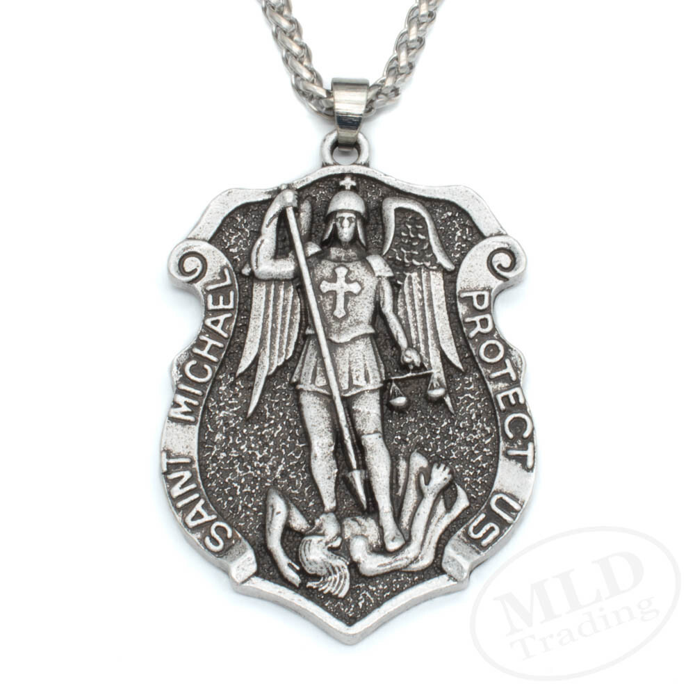 Saint St Michael Medal Shield Pendant Necklace – Zinc Alloy, 22″ Wheat Chain