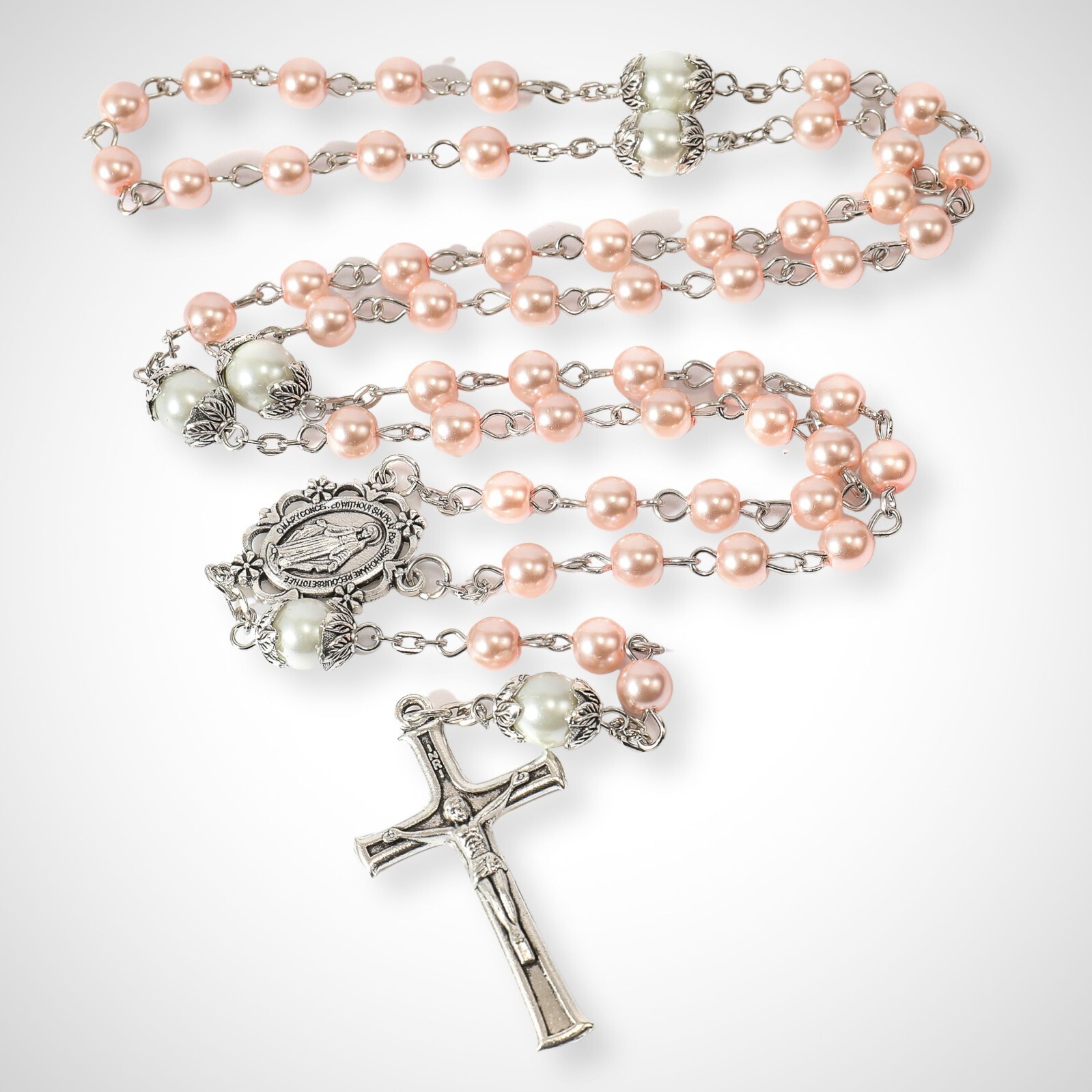 Pink Glass Pearl Beads Rosary White Our Father Beaded Necklace Lourdes Medal