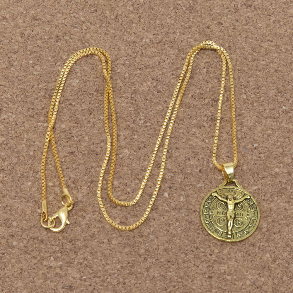 Gold Jesus Crucifix Saint St Benedict Medal Cross Pendant Necklace 24″ Box Chain