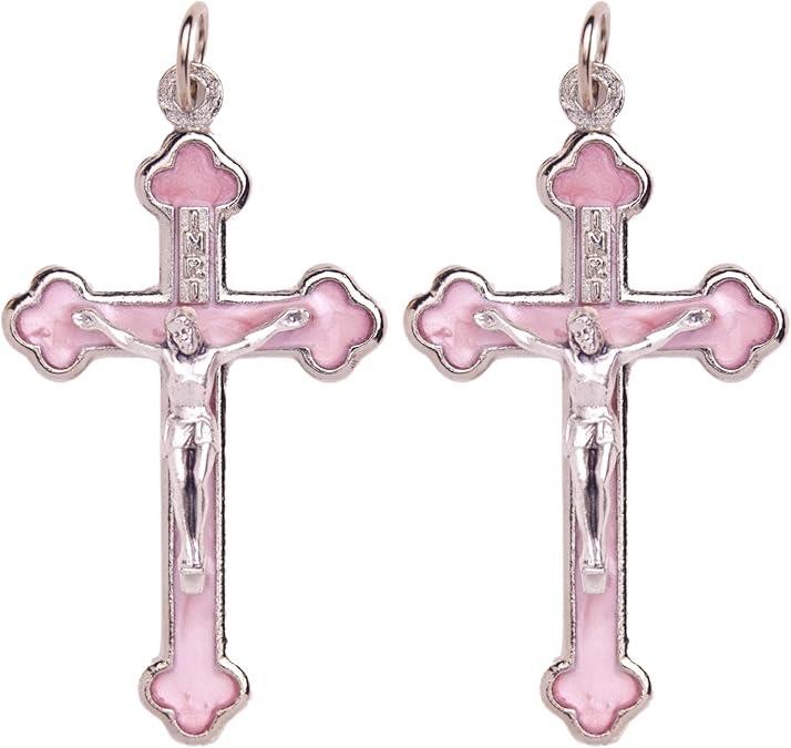 Pink Enameled Crucifix Pendants, 1.38″, Silver Corpus, Pack of 2