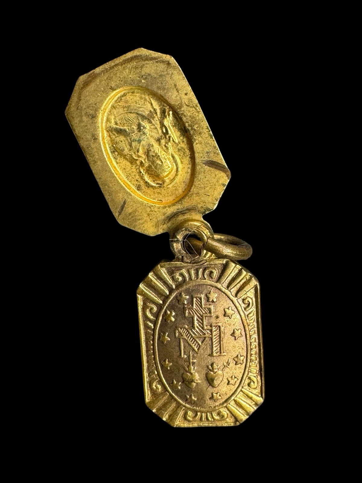 Pink Baby Mother Mary Sacred Heart of Jesus Gold Electroplate Pendant .5″