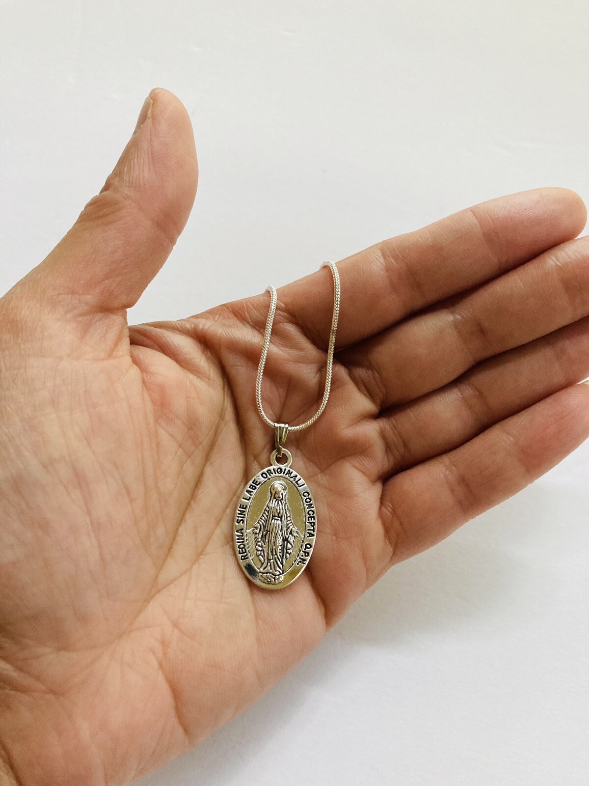 Miraculous Medal Pendant Necklace – 3/4″ Mini Oval, Silver Zinc Alloy, 18″ Chain