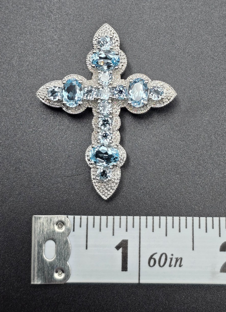 EA Sterling Silver (925) Cross Pendant w/ Faux Blue Topaz