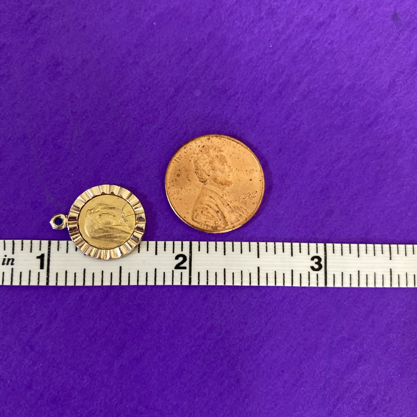 Vintage Virgin Mary Metal Charm Pendant , Gold-Toned, Roma, Christianity, 1/2”