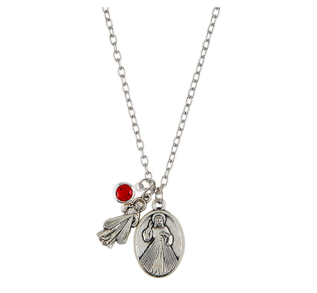 Divine Mercy Jesus Devotional Medal with Red Charm Pendant Necklace Catholic