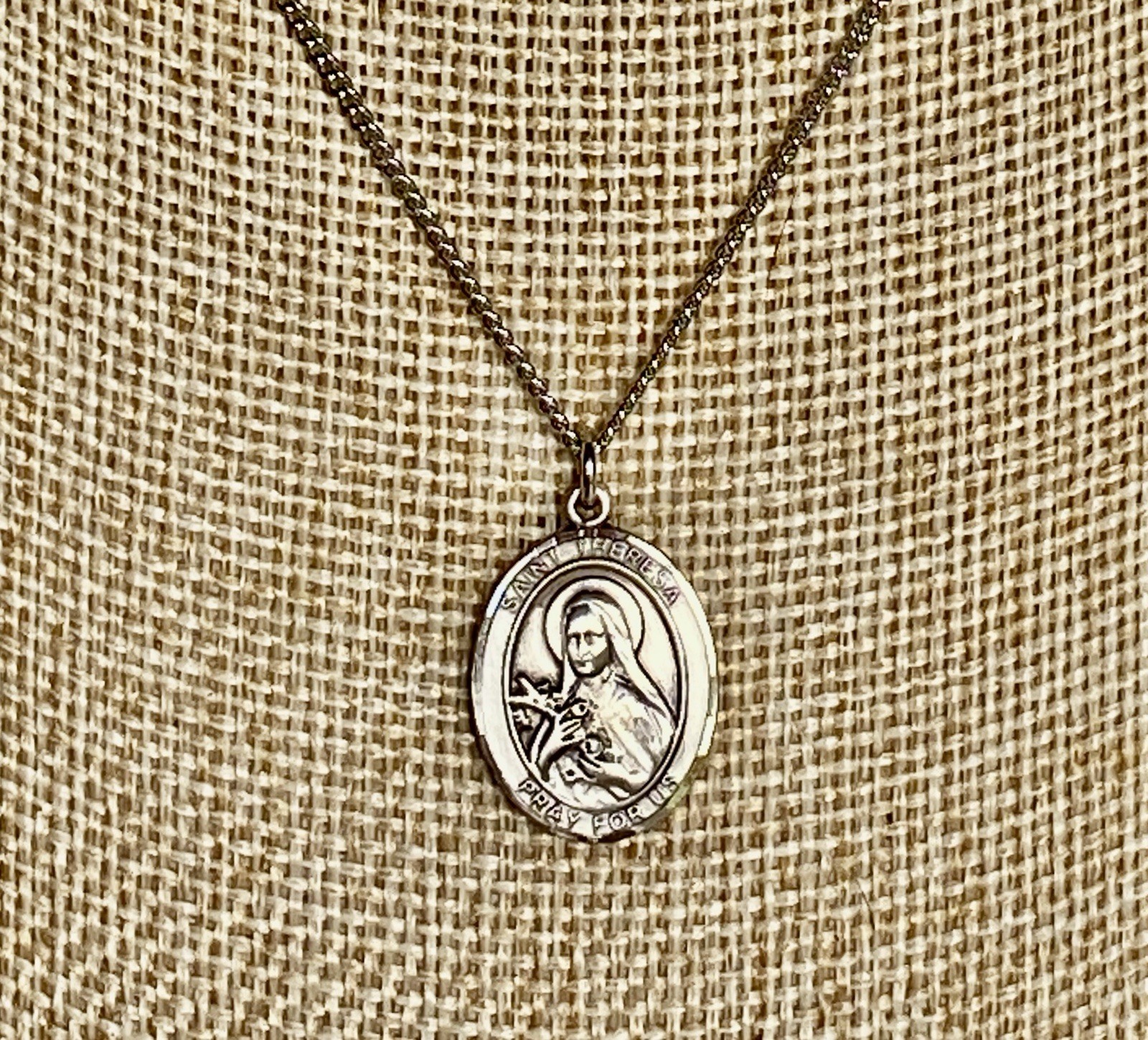 Vintage Sterling Silver Saint Theresa Medal/Pendant and Necklace, 18″ Long