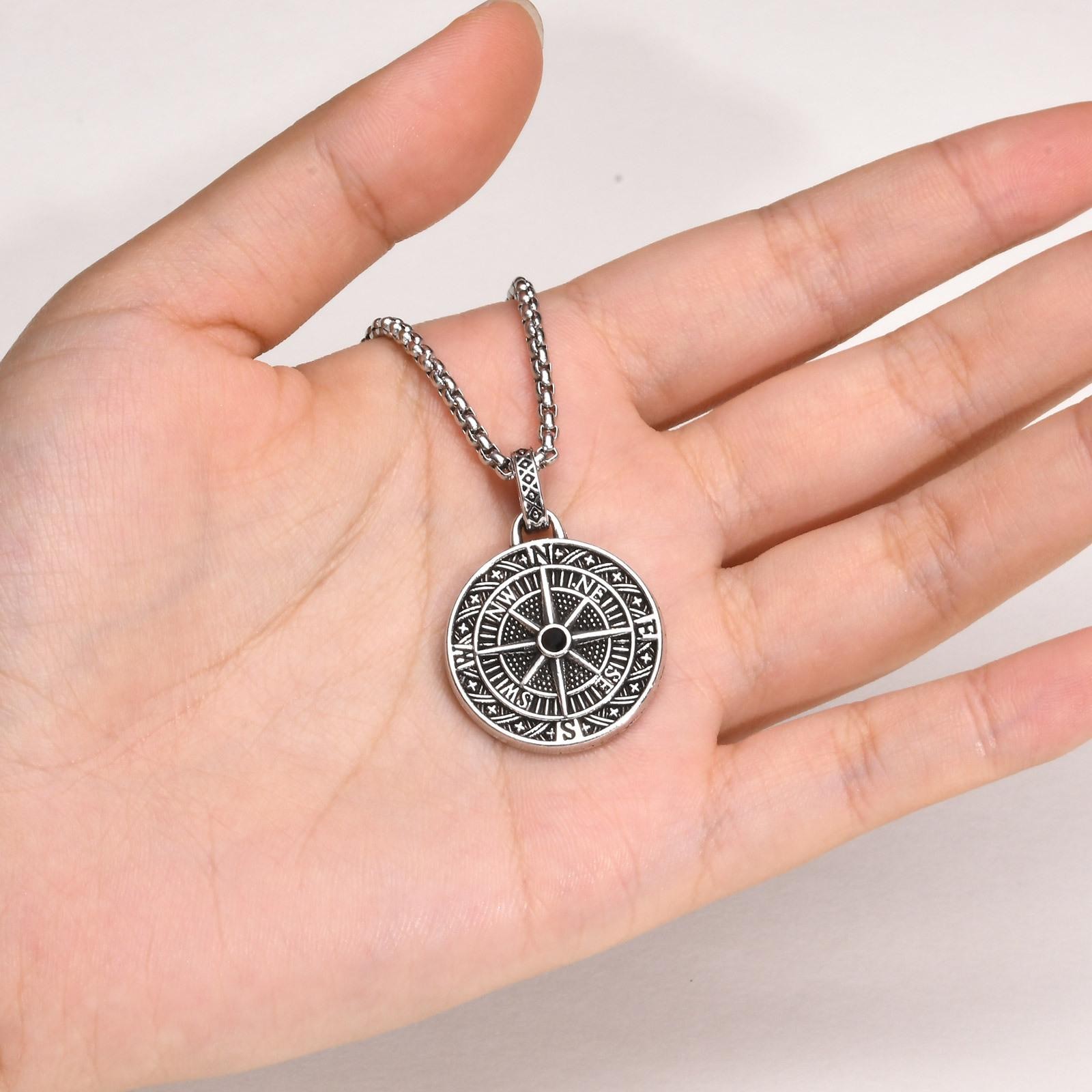Vintage Compass Necklace Stainless Steel Coin Pendant Men Boys Graduation Gift