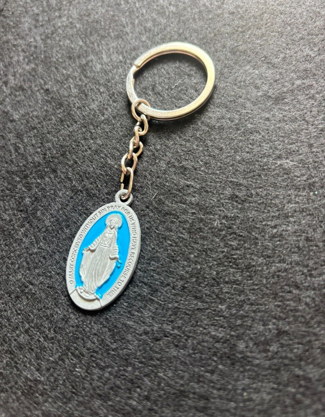 Vintage Virgin Mary Conceived Without Sin Pray For Us Keychain Silver and Blue