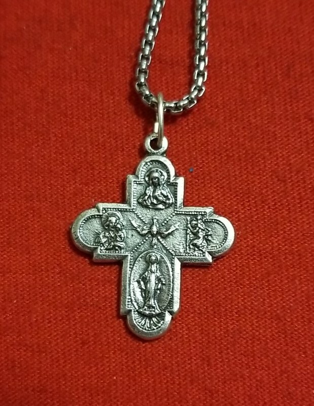 4 WAY CATHOLIC CROSS Medal Pendant Necklace WITH CHAIN SILVER PLATED Italy