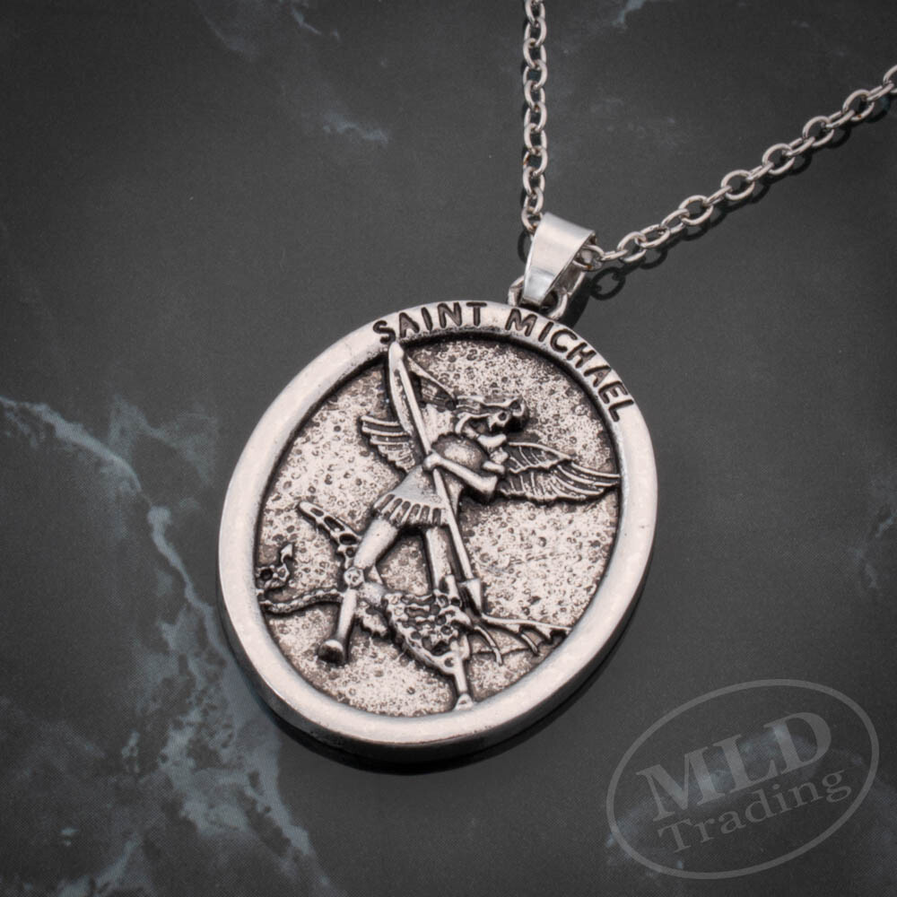 Saint St Michael Archangel Medal Pendant Necklace, Classic Design, 20″ Chain
