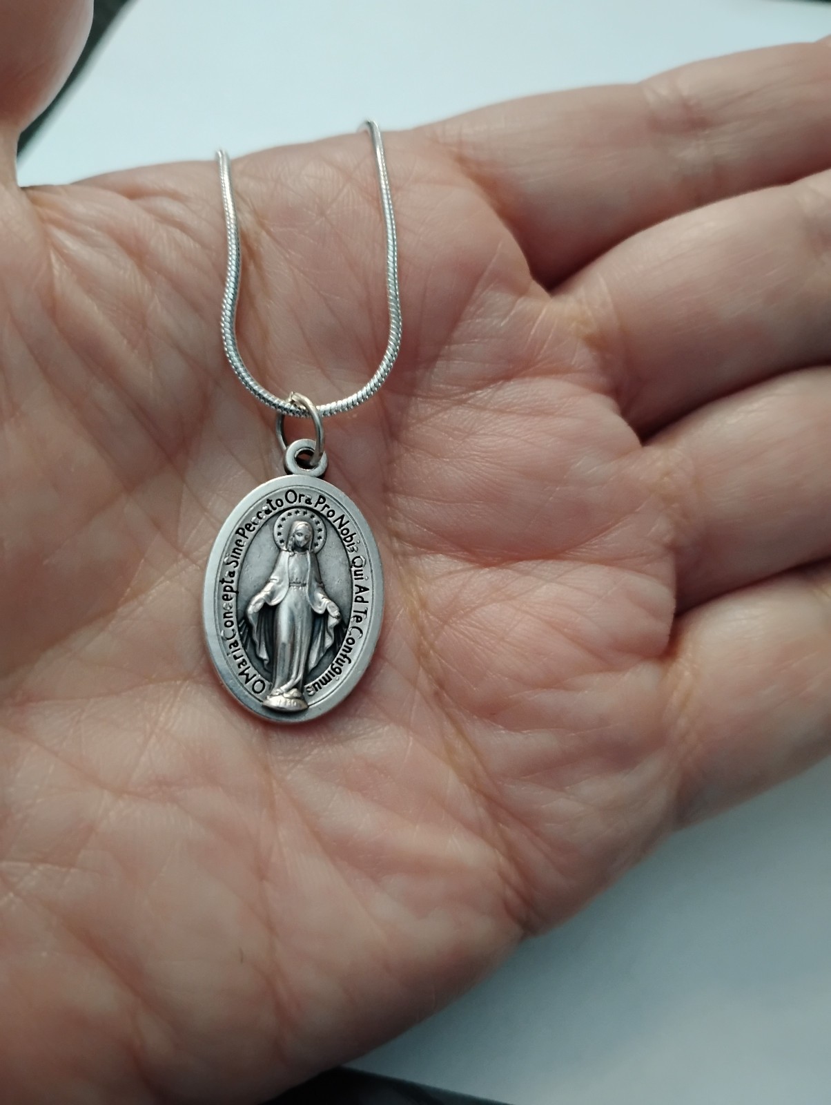 Silver Miraculous Medal Spanish Latin 925 Sterling Snake Chain Necklace + card