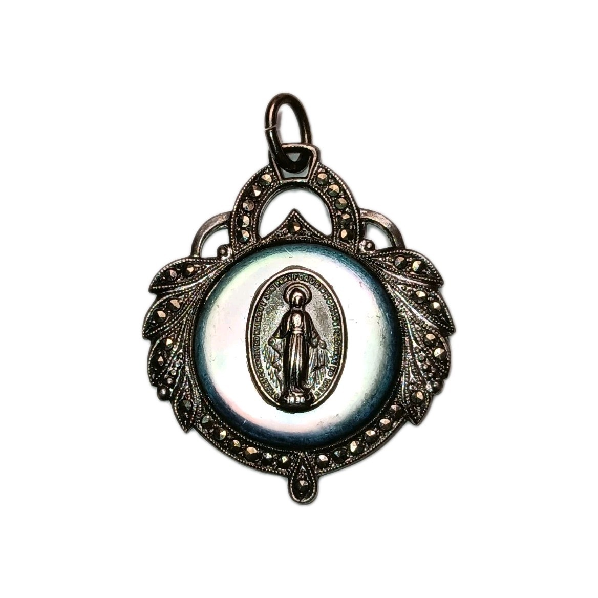 Vintage Sterling Silver 925 Miraculous Mary Mother of Pearl Medal Pendant