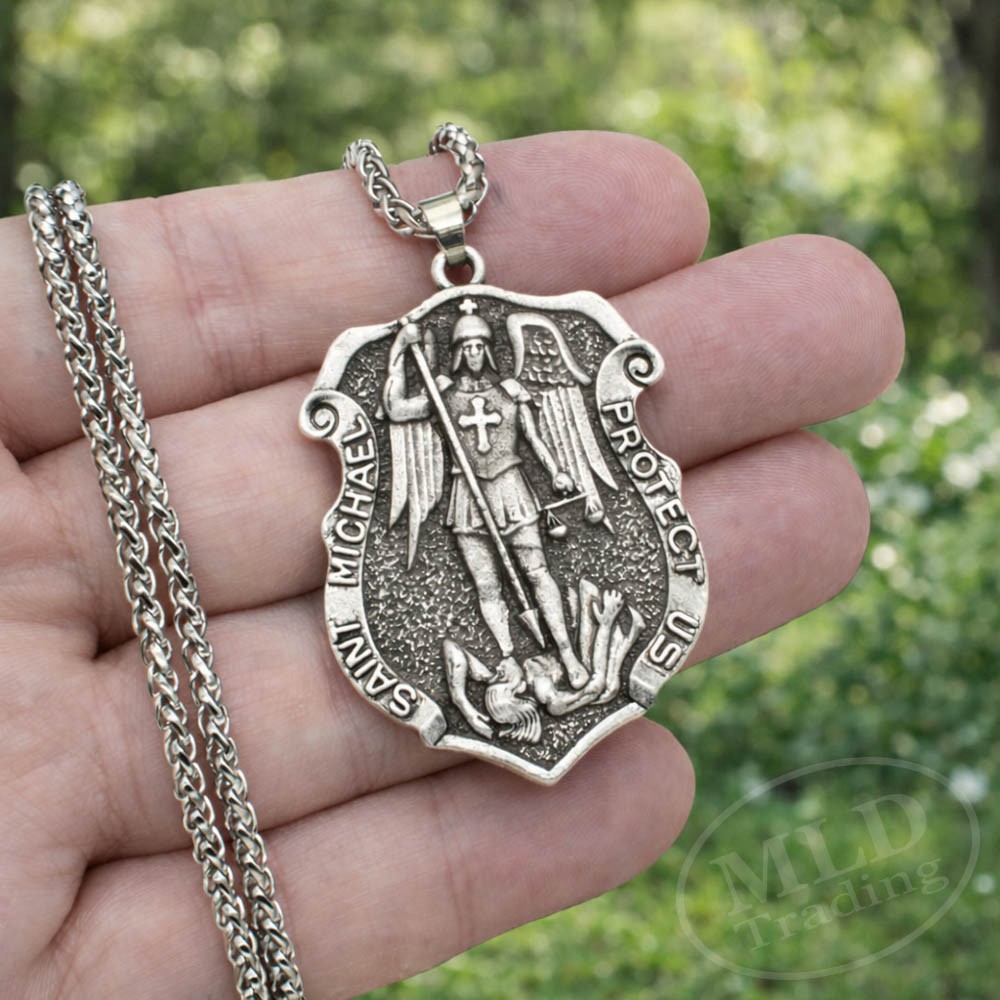 Saint St Michael Medal Shield Pendant Necklace – Zinc Alloy, 22″ Wheat Chain