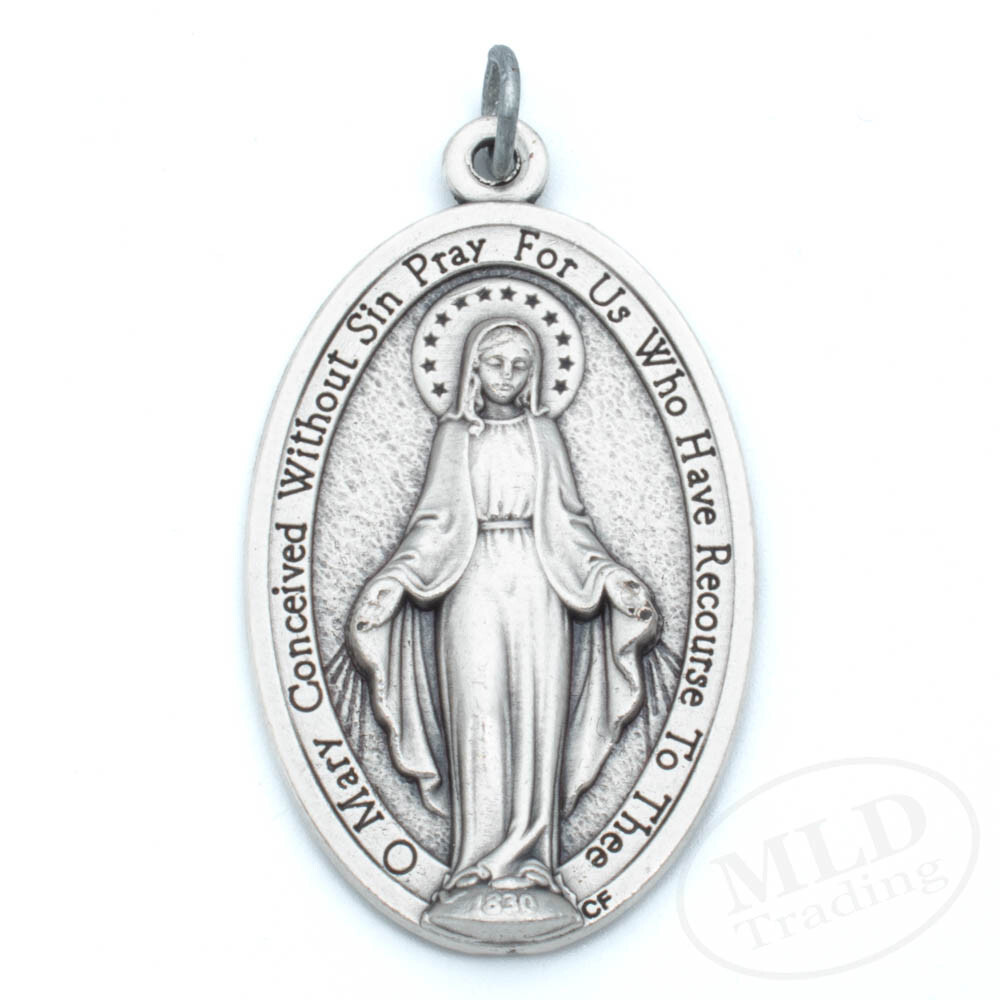 Our Lady Miraculous Medal Pendant Large 1.75″ Silver Oxidized Made In Italy