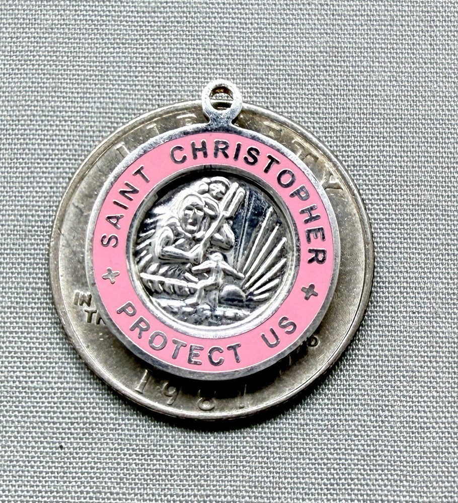 Vintage St Christopher Surfer Medal Pendant Pink Enamel Surf Silvertone 3/4″
