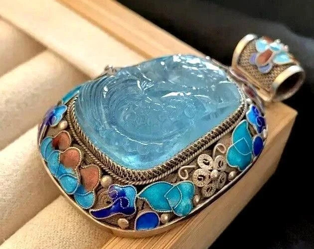 Womens Necklace Pendant Sterling Silver Blue Aquamarine Gemstone Large Art Deco