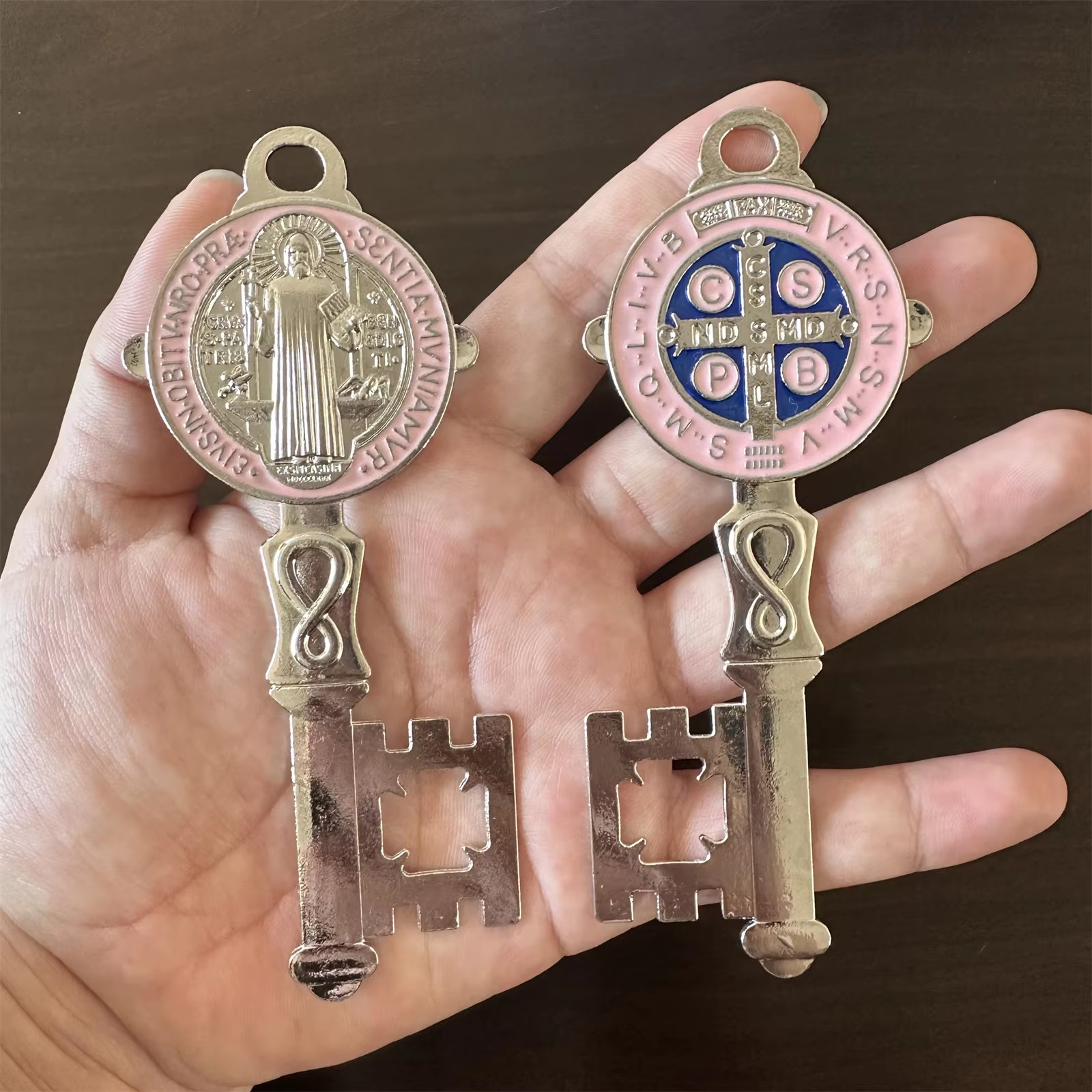 2Pcs/Set Silver Pink Enamel Double Side Saint Benedict 12cmX5cm Key Blessing