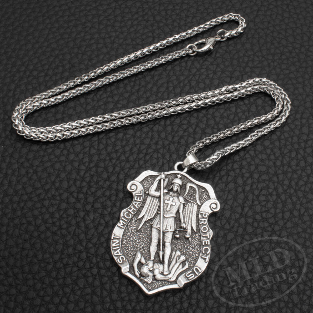 Saint St Michael Medal Shield Pendant Necklace – Zinc Alloy, 22″ Wheat Chain
