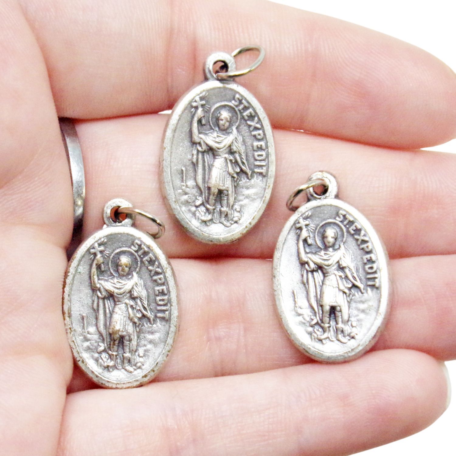 St Saint Expedit Silver Tone Prayer Medals for Rosary Parts 1 In 3 Pack