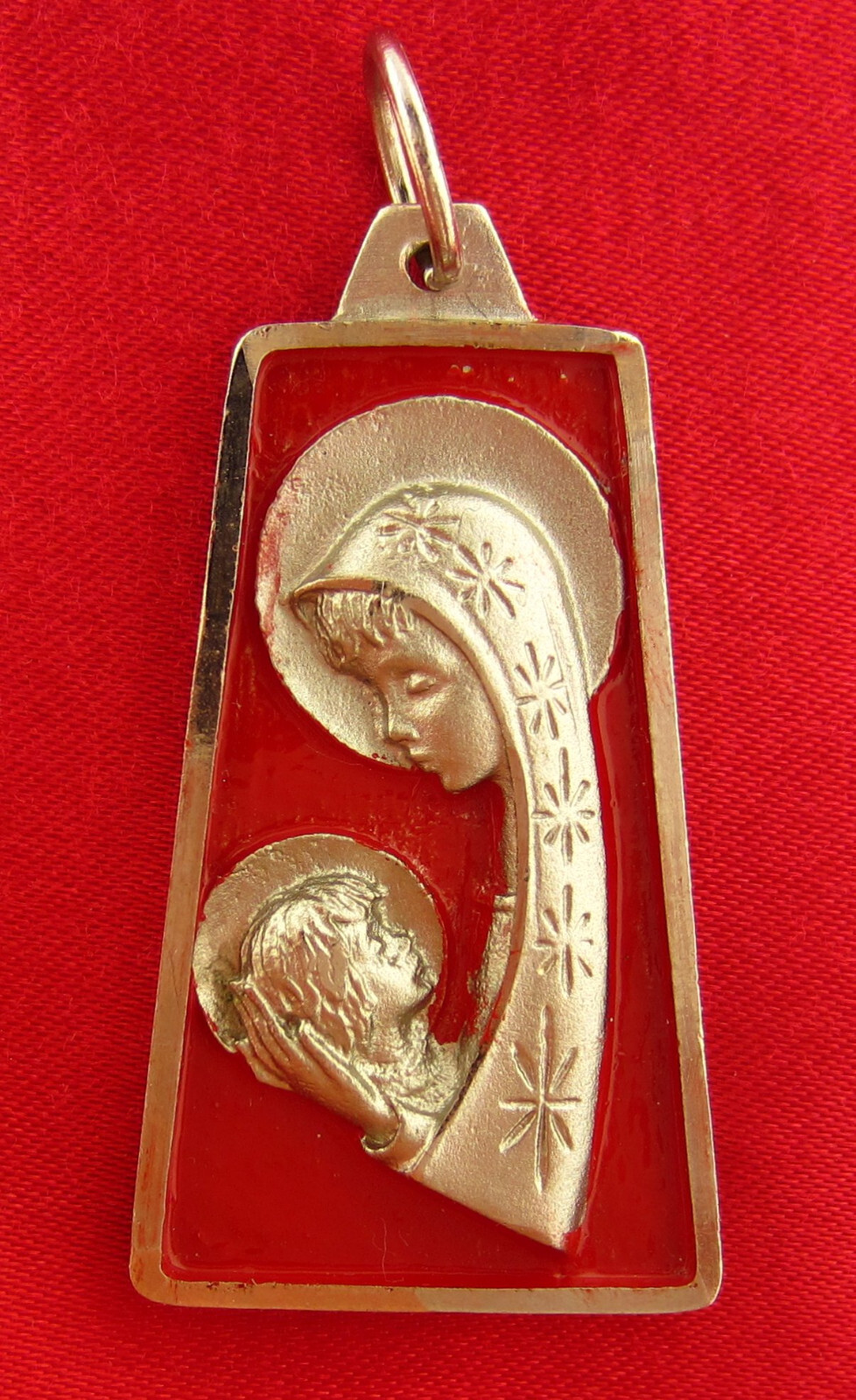 Vintage MARY JESUS Medal RED ENAMEL Religious Catholic Silvertone Pendant LARGE
