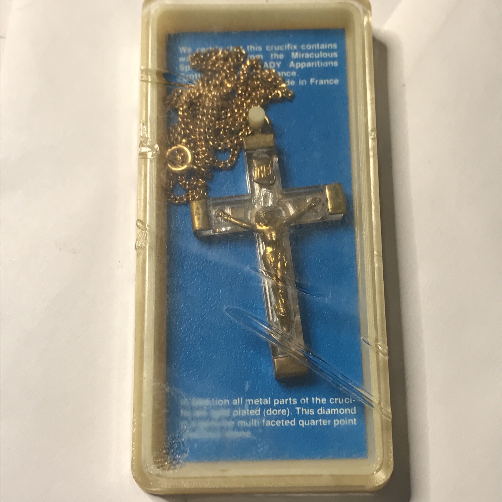 Vtg Lourdes France Cross Lucite Gold Plated Crucifix Holy Pendant Necklace NOS