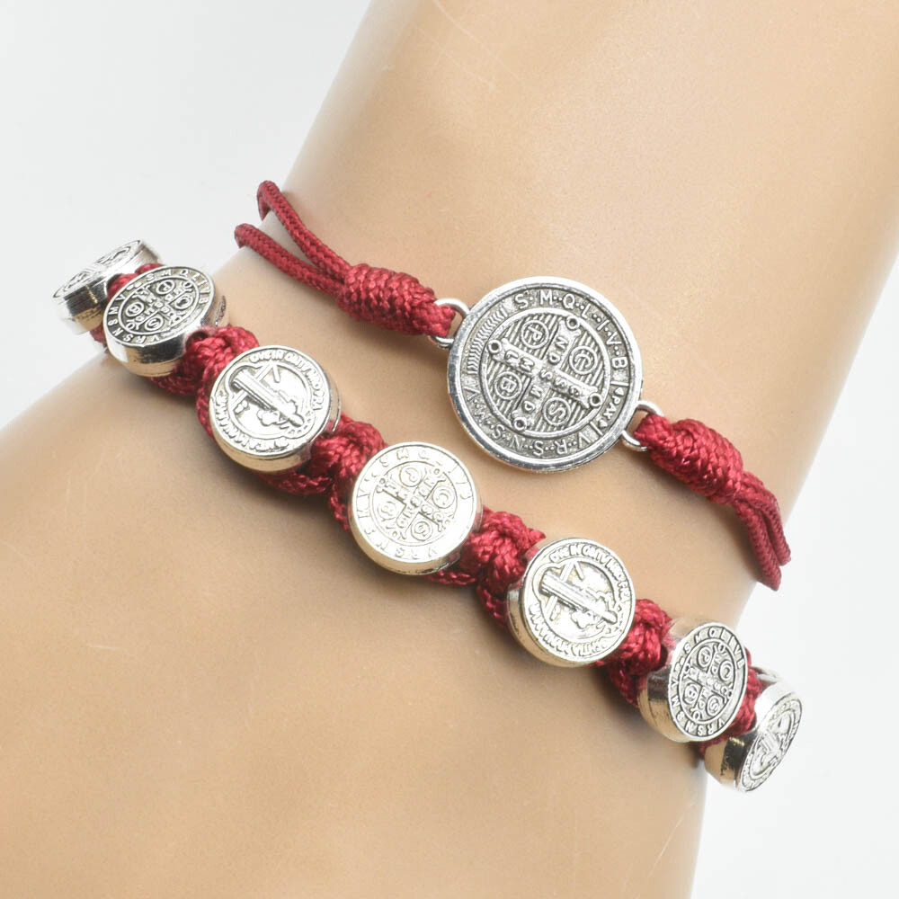 Saint St Benedict Medals Red Adjustable Double Strand Macramé Cord Bracelet