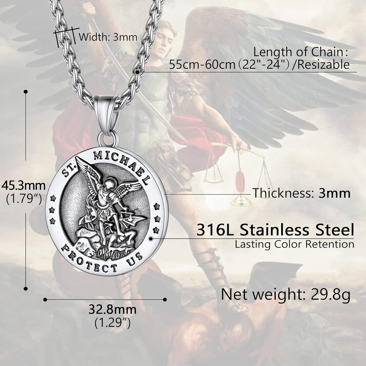 Elegant Saint Michael Medal Necklace for Men – 316L Steel, Adjustable 22-24″