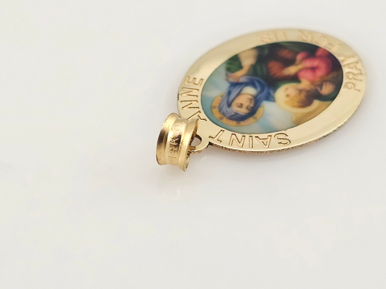 14K Yellow Gold St Anne Pray For Us Pendant Oval Engraved 1.8g Catholic Medal