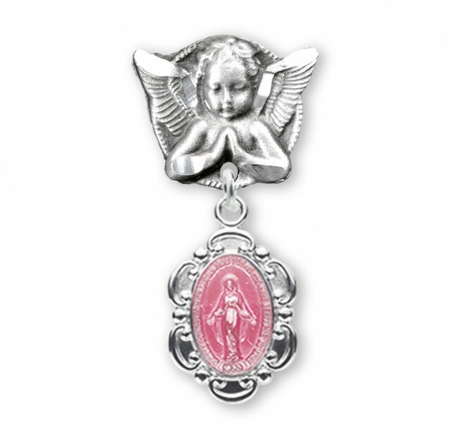 Pink Enameled Miraculous Sterling Silver Medal on an Angel Pin AP2102PK