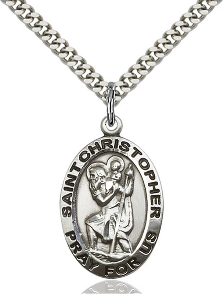 Sterling Silver St Saint Christopher Medal Pendant Necklace 24” Chain Gift Box