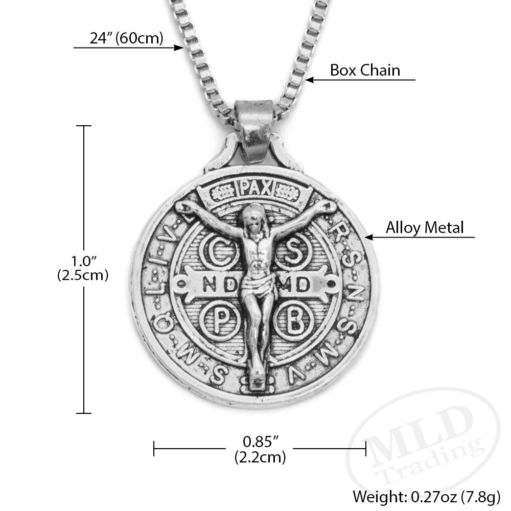 Jesus Crucifix Saint St Benedict Medal Cross Pendant Necklace 24″ Box Chain