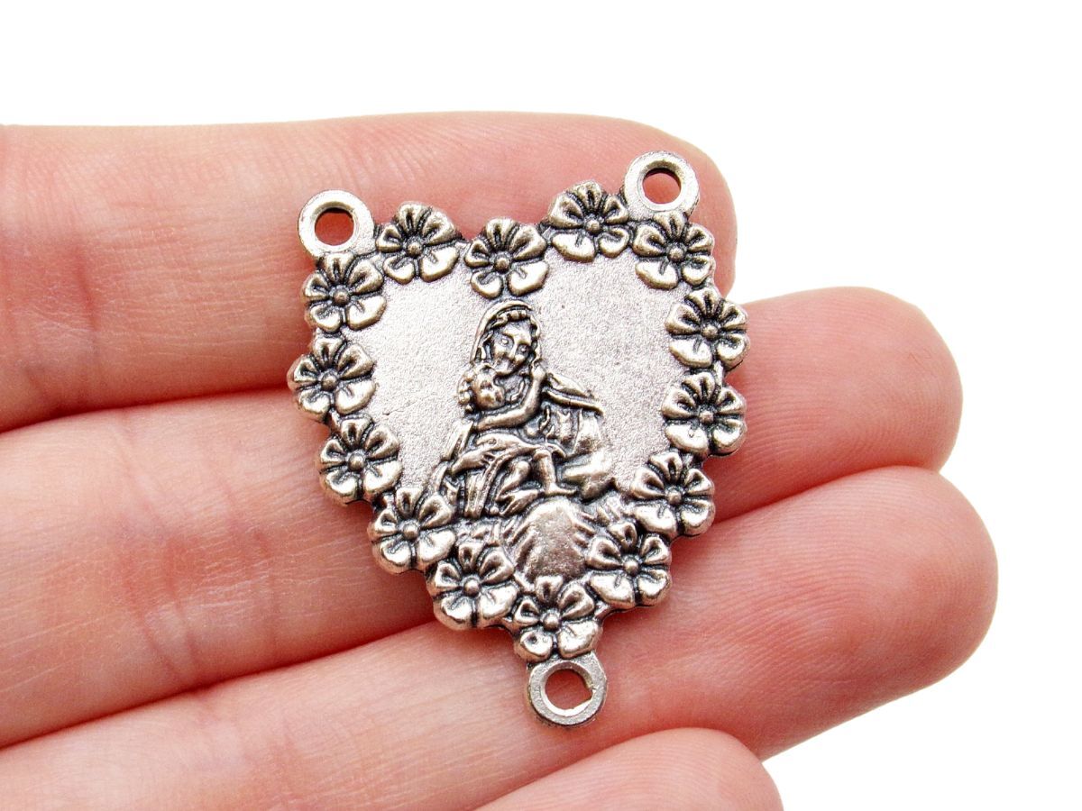 Silver Tone Lot of 3 Madonna and Child Floral Medal Rosary Center 1.25 In