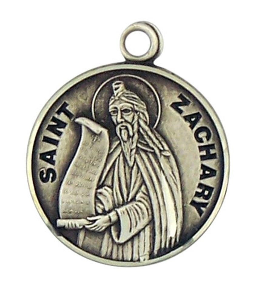 Patron Saint St Zachary 7/8 Inch Sterling Silver Medal on Rhodium Plated Chain