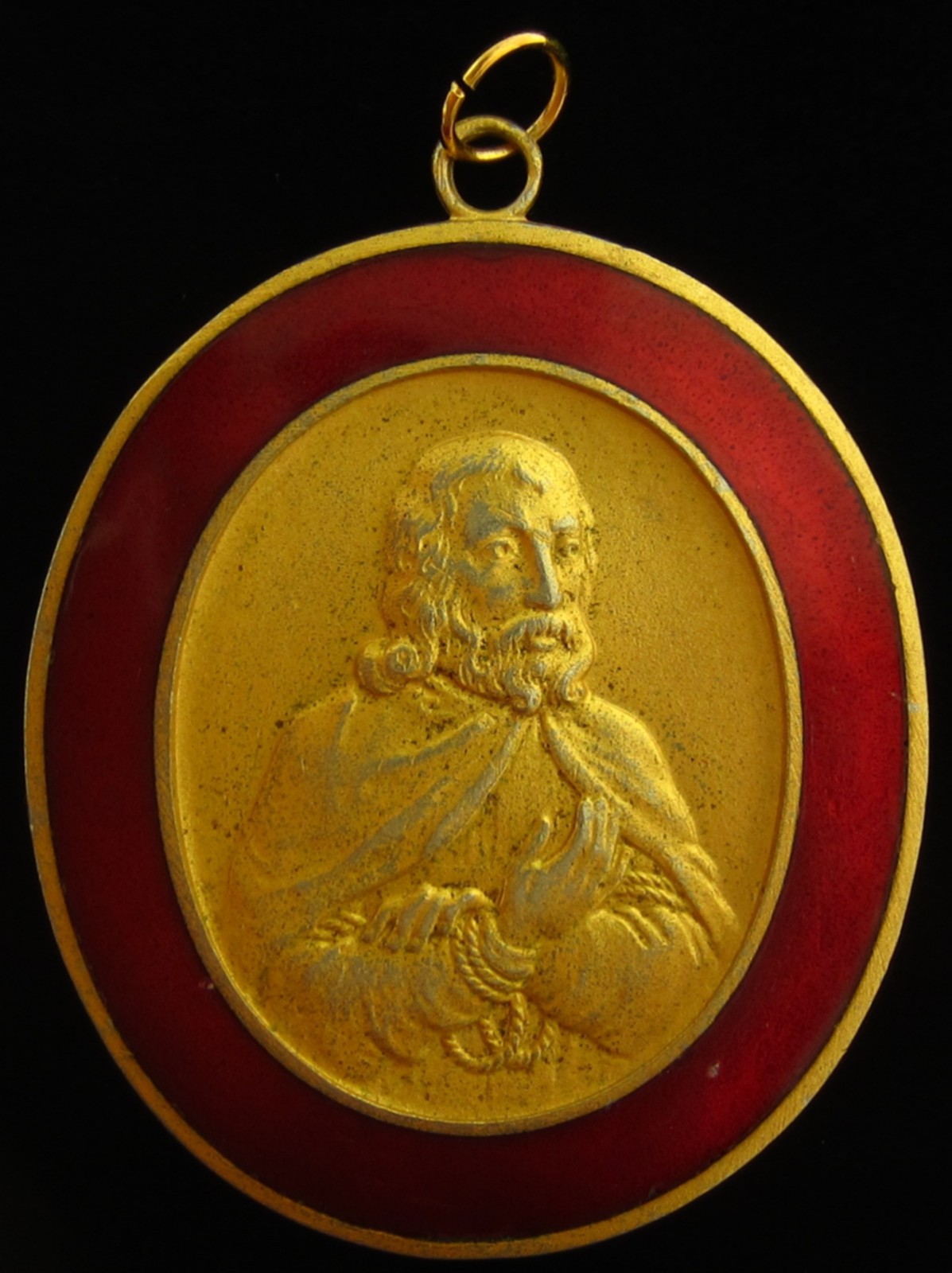 Vintage Saint Medal Gold Tone Red Enamel Religious Holy Catholic XL Large