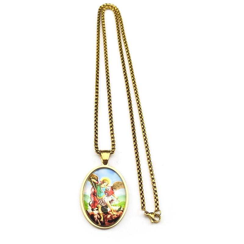 Gold Saint Michael Protect Us Medal Necklace Stainless Steel Archangel Gift