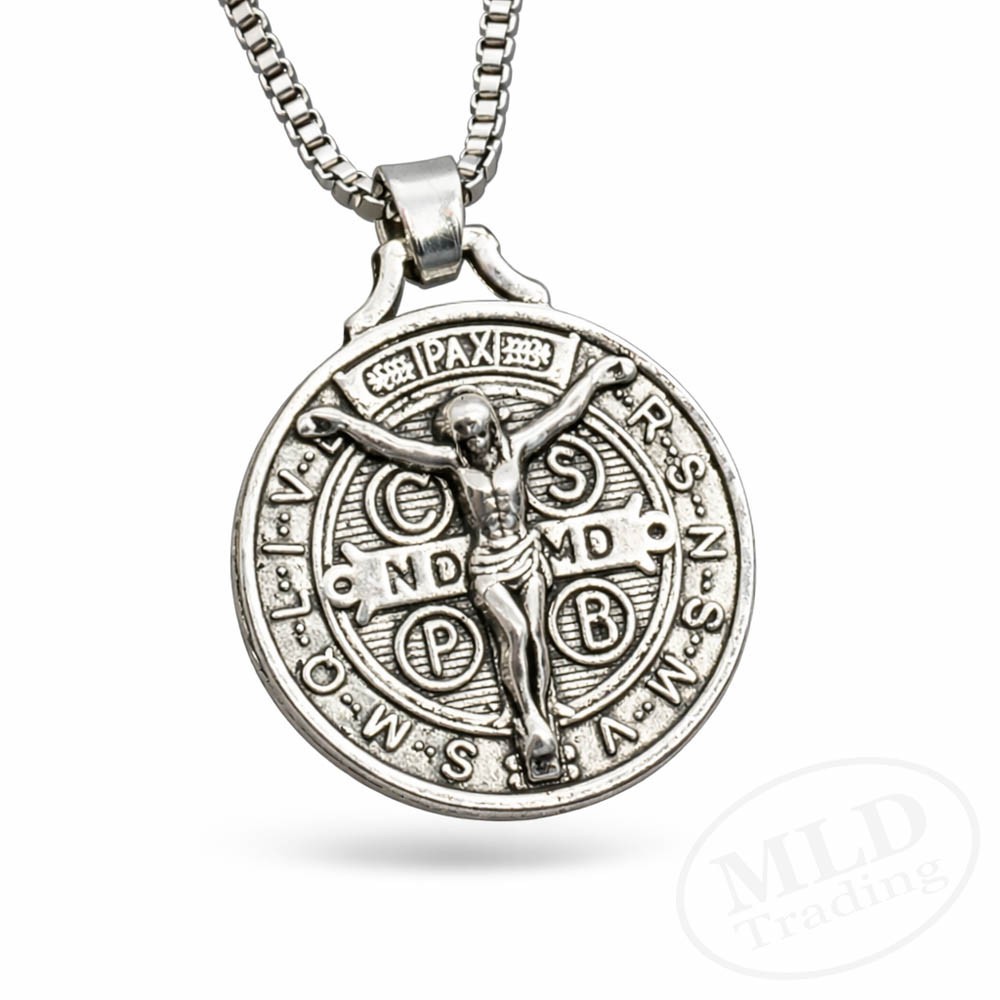 Jesus Crucifix Saint St Benedict Medal Cross Pendant Necklace 24″ Box Chain