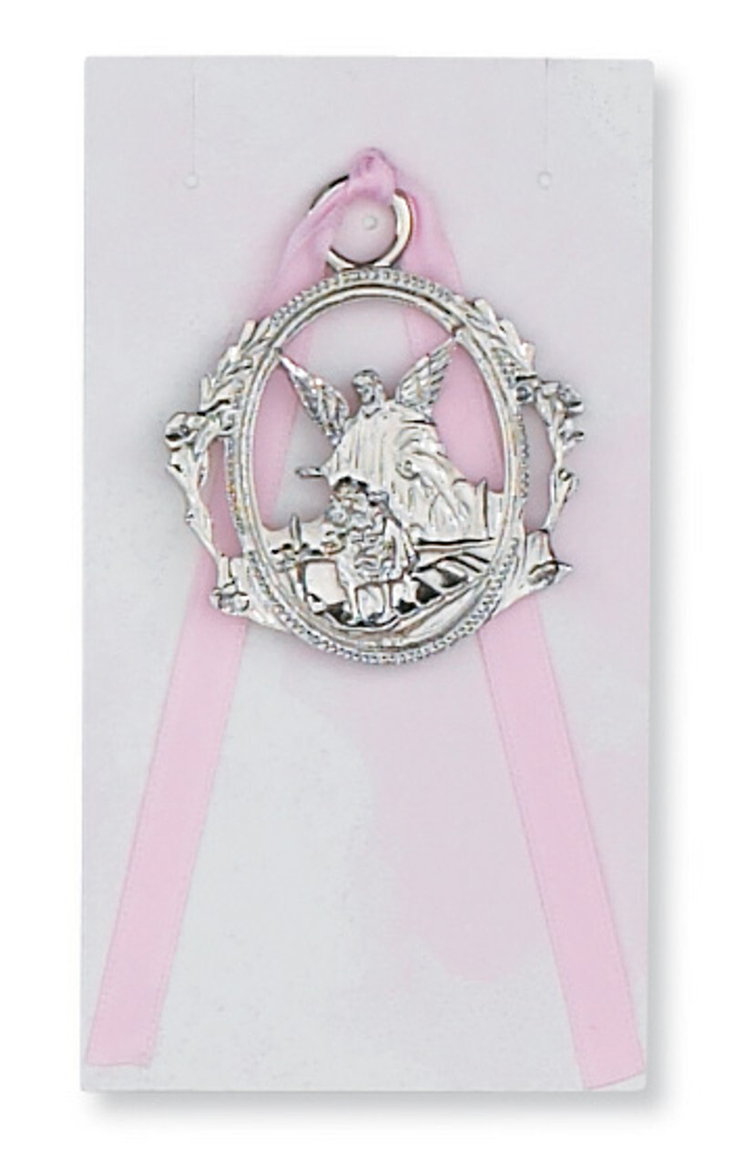 Guardian Angel Crib Medal W/ Pink Ribbon Card Religious Girl Baptism Gift 2.75