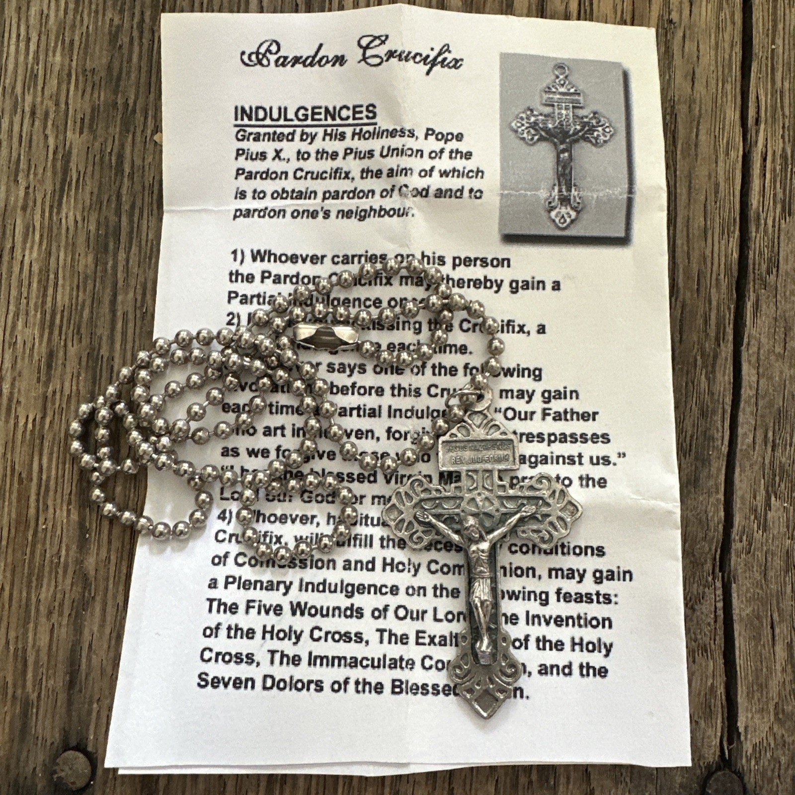Silver Tone Pardon Crucifix Cross on 23″ Ball Chain Necklace