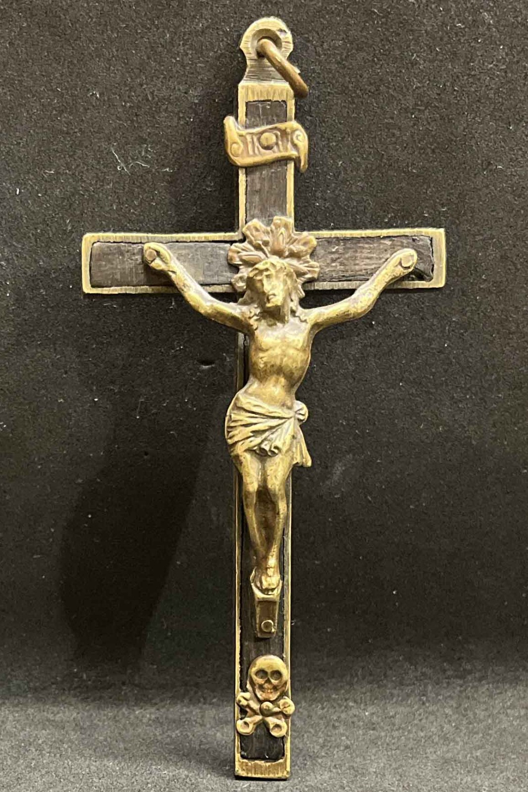 Super antique 1880´ pectoral nun cross Jesus Crucifix bronze INRI Skull & Bones