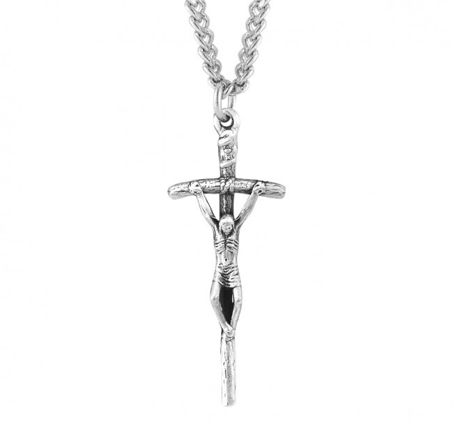 Sterling Silver Papal 1.8″ Cross, 24″ Rhodium-Plated Chain, Gift Box, US Made