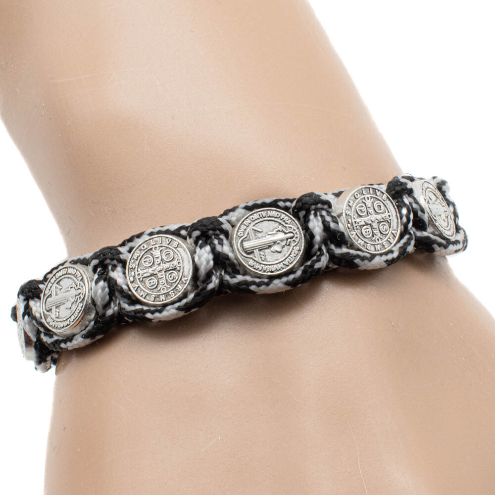 Black And Gray Saint St Benedict Bracelet 8″ Adjustable Cord 10 Silver Medals