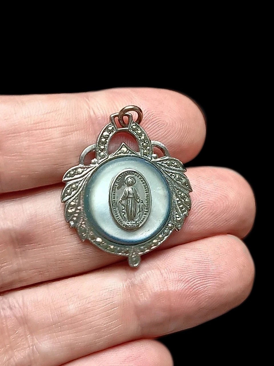 Vintage Sterling Silver 925 Miraculous Mary Mother of Pearl Medal Pendant