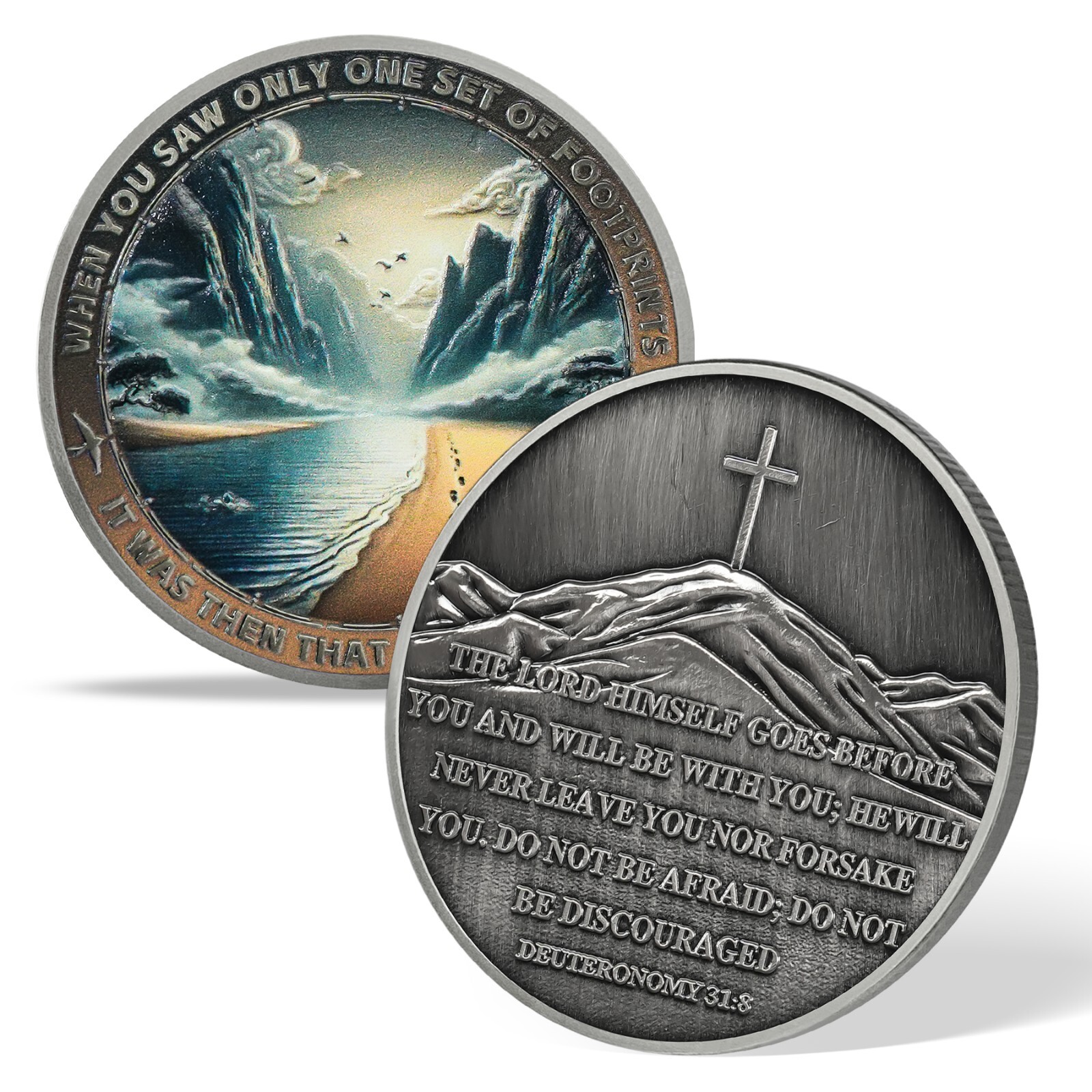 5pcs Christian Challenge Coin Footprints In The Sand Deuteronomy 31:8 Verse Coin