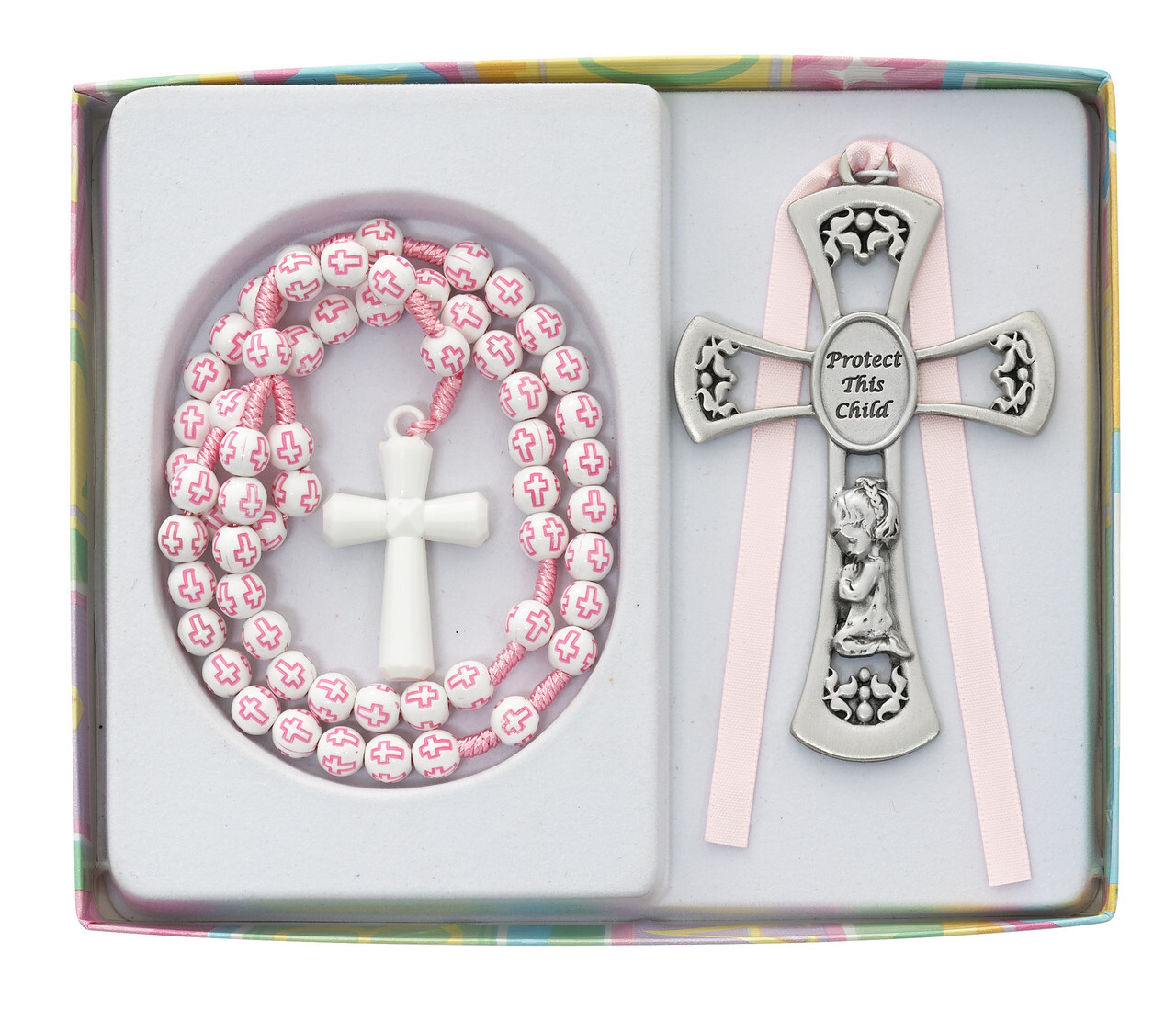 Girls Cross Rosary With Pewter Boy Crib Medal First Communion Baptism Holy Gift