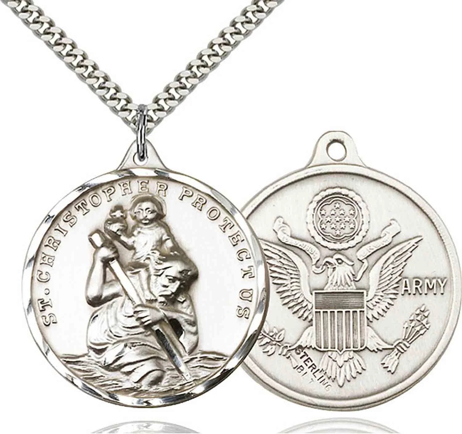 Mens Sterling Silver St Saint Christopher Medal Pendant Necklace Army With Chain