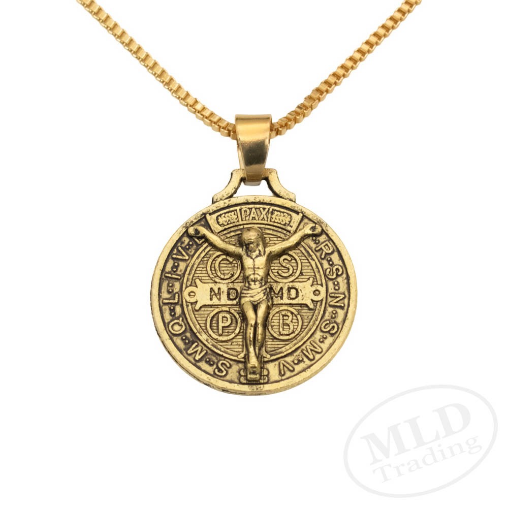 Gold Jesus Crucifix Saint St Benedict Medal Cross Pendant Necklace 24″ Box Chain