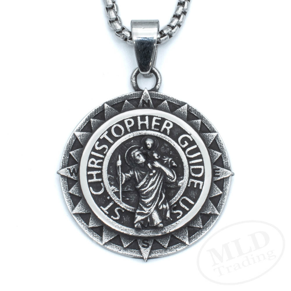 Saint St Christopher Medal Silver Stainless Steel Compass Style Pendant Necklace